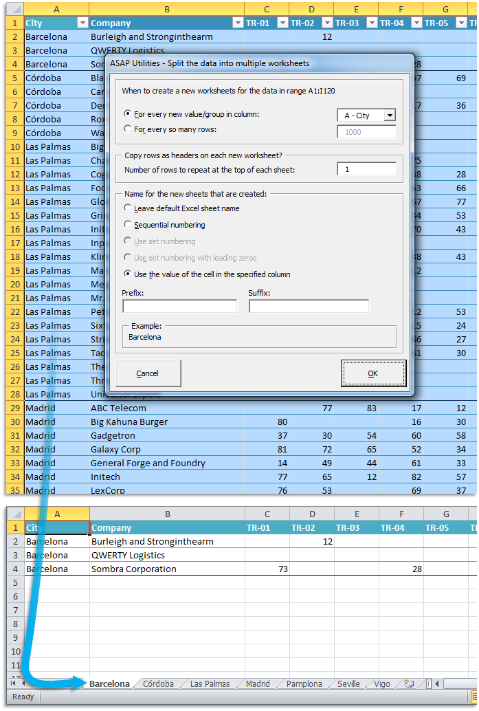 Split the selected range into multiple worksheets